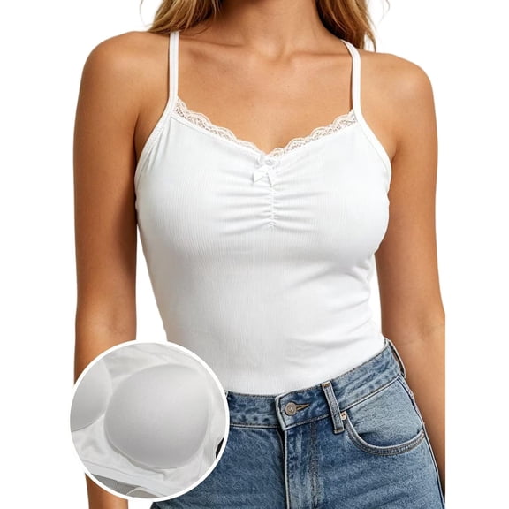 dinapents Lace Trim V-Neck Cami for Women Wireless Built-in Bra Tank Top with Adjustable Straps & Removable Pads