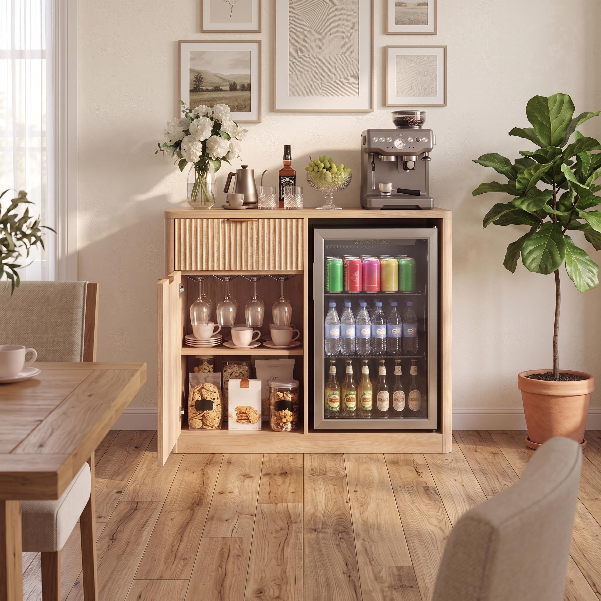 Homy Casa 39.4" Fluted Kitchen Island Cabinet with Power Outlet, Mini Fridge Space, Natural Oak