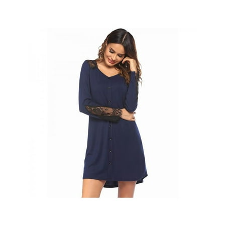 

Topumt Women s Lace Stitching Nightshirt Long Sleeve Button Down Nightgown V-Neck Sleepwear Pajama Dress