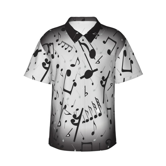 Black Music Notes Men's 3d Print Casual Button Down Shirts, Novelty Hawaiian Short Sleeves S