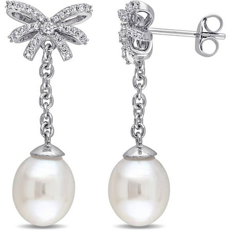 Miabella 8-8.5mm White Cultured Freshwater Pearl and 1/5 Carat T.W. Diamond 10kt White Gold Bow Drop Earrings