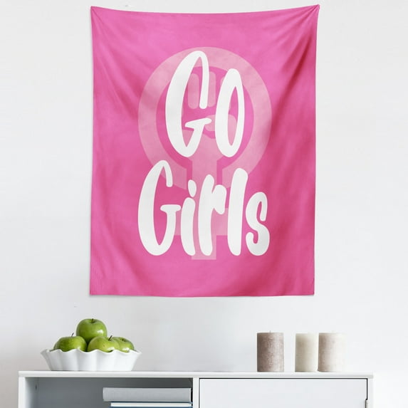 Girl Slogan Tapestry, Go Girls Hand Drawn Typography Poster Type Fun and Feminine, Fabric Wall Hanging Decor for Bedroom Living Room Dorm, 5 Sizes, Pastel Pink Pink, by Ambesonne