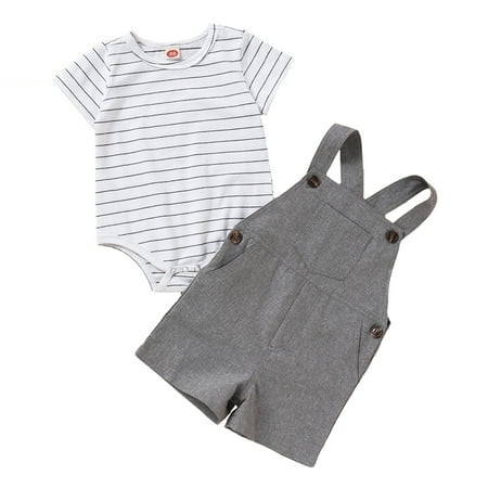 

Kucnuzki 12 Months Baby Boy Summer Outfits Shorts Sets 18 Months Short Sleeve Stripes Prints Bottom Snap Romper Tops Ordinary Shorts 2PCS Set Gray