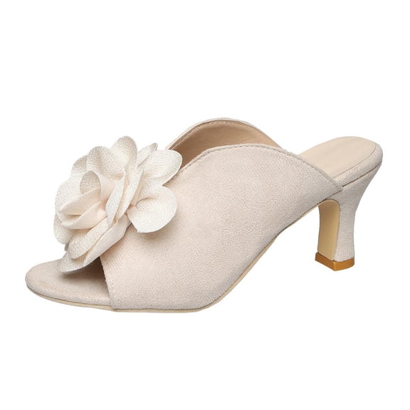 Xfvqtps Floral Embellished Slide Heels for Women Vintage Inspired Peep Toe Block Heel Mules Casual Dressy Sandals for Summer Outings and Events