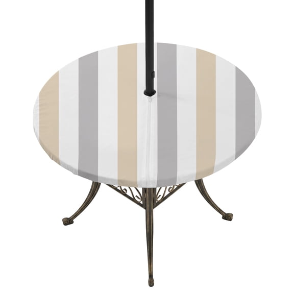 Round Outdoor Tablecloth with Umbrella Hole and Zipper, Beige Grey Striped Tablecloth with Elastic Waterproof, Minimalist Farmhouse Stripe Patio Table Covers for 45" - 54" Picnic Pool Tables