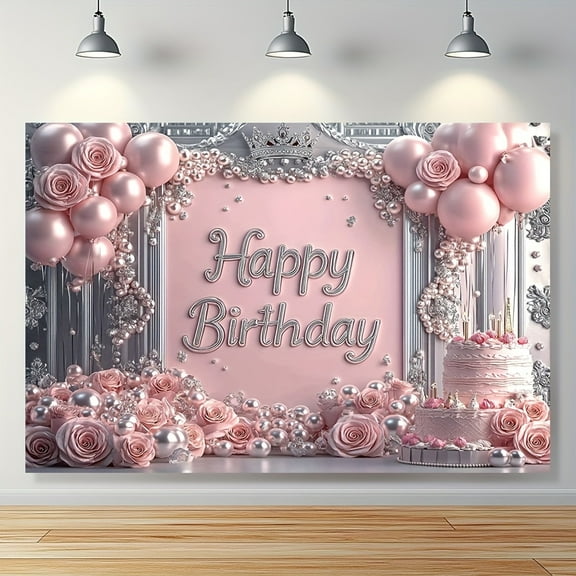 Pink Silver Happy Birthday Backdrop Pink Floral Flower Balloons Photography Background for Girls Women Modern Elegant Aesthetic Party Decorations Banner Photo Booth Props Supplies