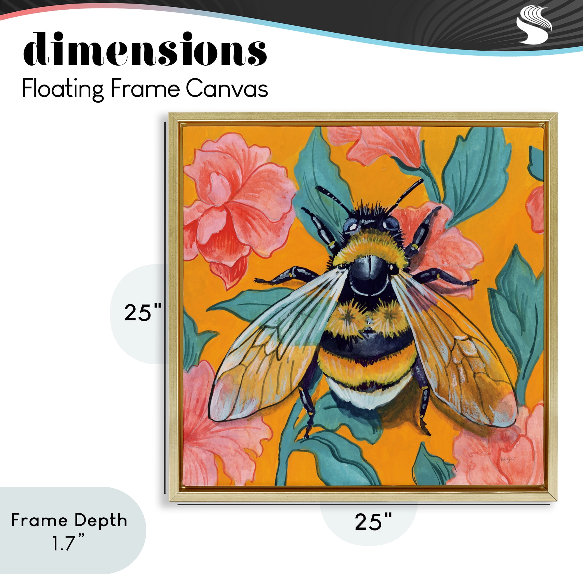 Stupell Industries Bumble Bee & Flower Pattern Gold Framed Floater Canvas Wall Art, design by Kate Jarvik Birch