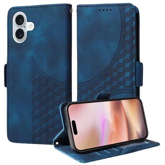 Wallet Case for iPhone 16 Case Premium Pattern PU Leather Flip Purse Cover with Card Holder Magnetic Closure Shockproof Protective Phone Case with Wrist Strap & Flip Kickstand, Blue