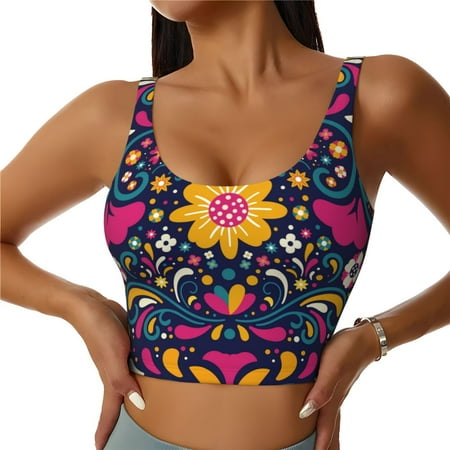 Jgfou Cinco De Mayo Floral Print Womens Sports Bra - Padded Workout Sports Bras Crop Tank Top