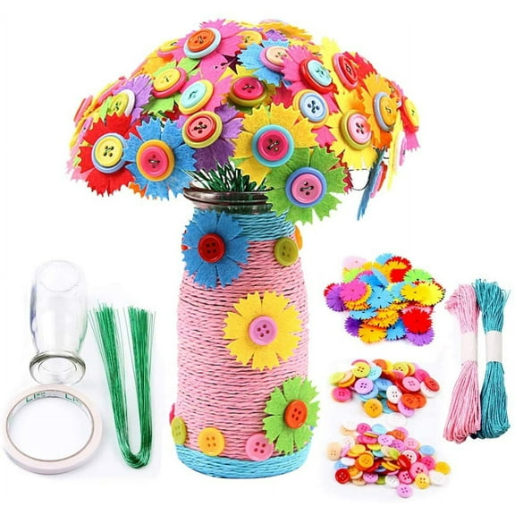 Amerteer Flower Craft Kits for Kids – DIY Vase Craft Project with Buttons and Felt Flowers - Make Your Own Flower Bouquet - Fun Gift for Boys, Girls Age 4 5 6 7 8 9 Years Old