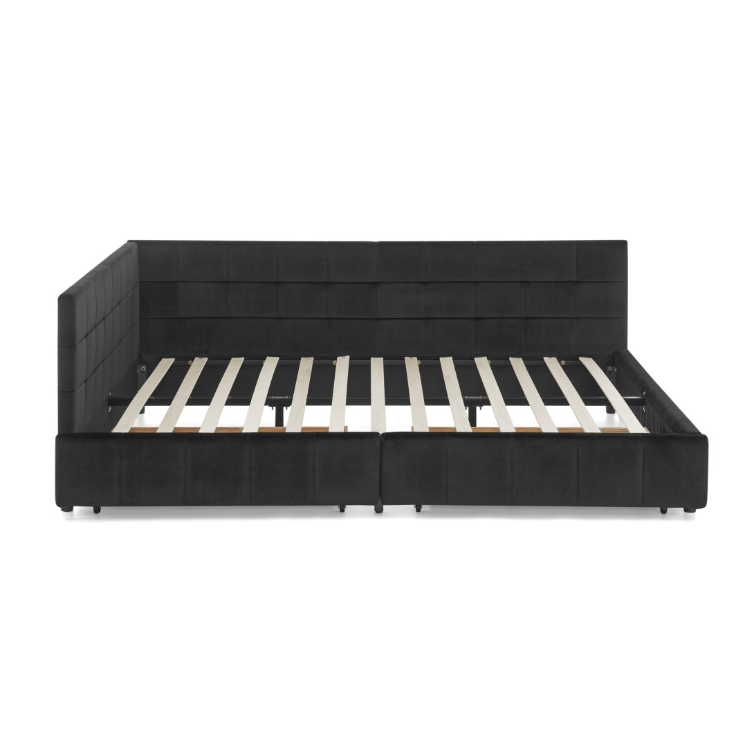 Queen Size Storage Upholstered Tufted Bed Frame with 2 Storage Drawers, Sofa Bed Frame with Comfortable Backrest and Armrests, Velvet Platform Bed for Bedroom, Living Room, No Box Spring Needed, Black