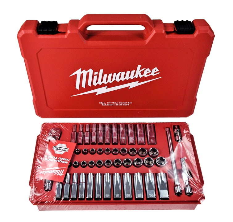 Milwaukee 50-Piece 1/4 in Drive Ratchet and Socket Set (48-22-9004) – 90-Tooth Slim Ratchet, SAE and Metric Sockets, Carrying Case
