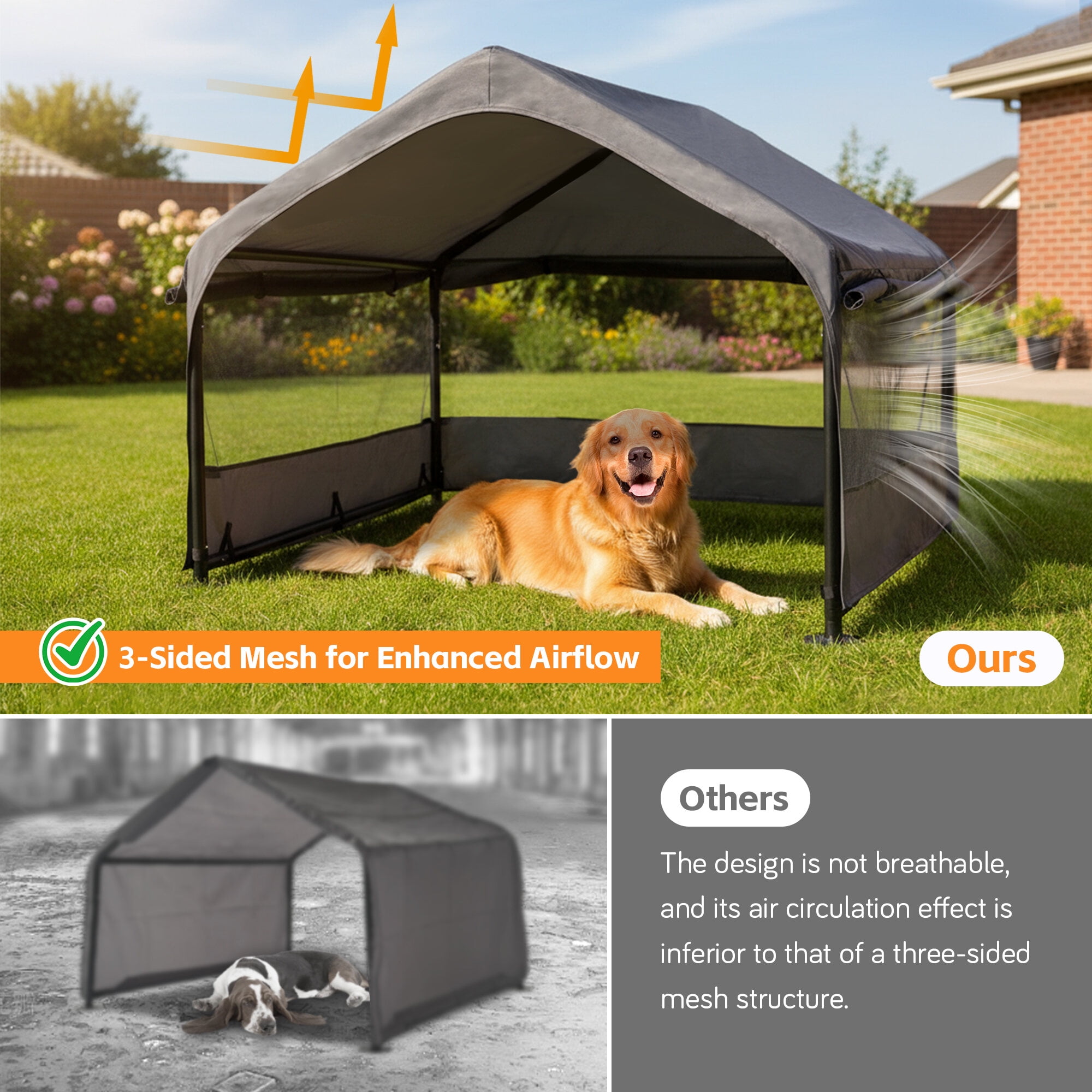 Orthopedic Dog Bed, Extra Large Outdoor Dog House Tent with 3-Sided Mesh Windows, Breathable Sun Rain Cover Pet Shelter with Canopy and Ground Stakes for Dogs, Cats, Livestock - 4' x 4' x 3.3', Gray