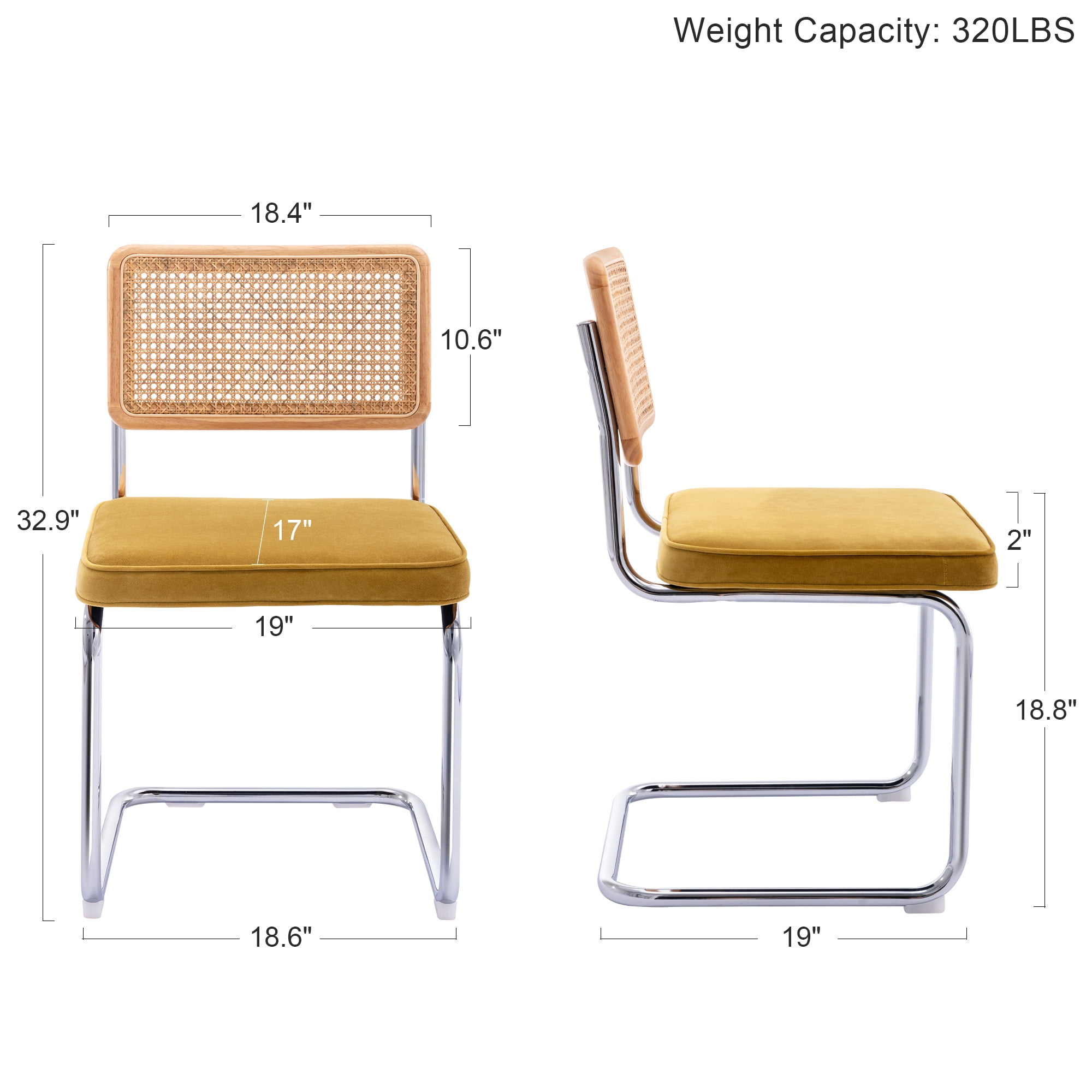 Zesthouse Rattan Dining Chairs Set of 2, Velvet Upholstered Dining Chairs with Cane Back and Chrome Legs, Mid Century Modern Kitchen Side Chairs for Dining Living Room, Yellow