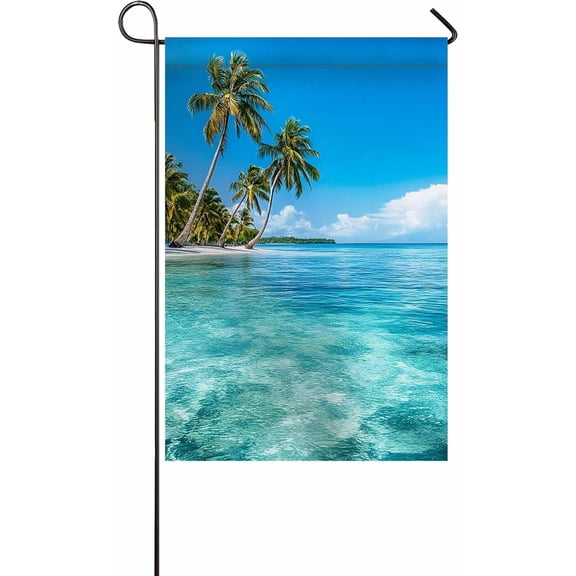 Summer Palm Trees Ocean Garden Flag, Double Sided Vertical Yard Banner, 12 x 18 Inch Tropical Beach Outdoor Decor
