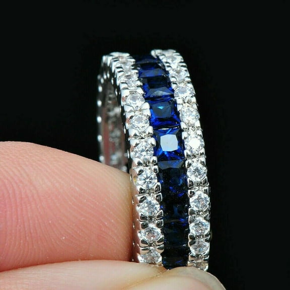 Sparkle Jewels 14K White Gold Plated Princess Cut Sapphire Three Row Eternity Band Ring