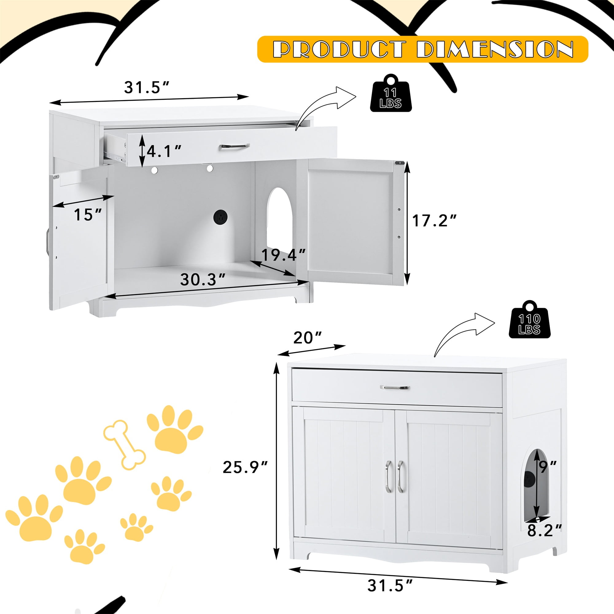 Pefilos 31" Cat Litter Box Enclosure, Hidden Cat Washroom Furniture with Divider, Large Wooden Pet House, Enough for Most of Orange Cat and Litter Box, White Pefilos 31" Cat Litter Box Enclosure, Hidden Cat Washroom Furniture with Divider, Large Wooden Pet House, Enough for Most of Orange Cat and Litter Box, White