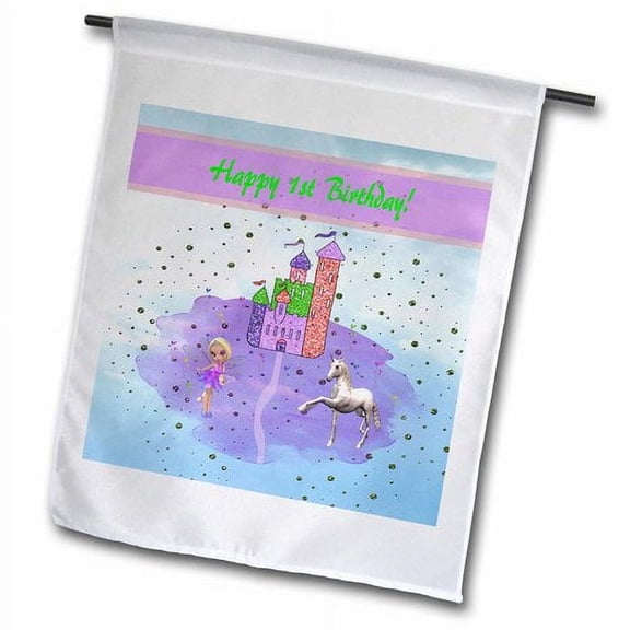3dRose, Glitter Look Castle with Fairy Princess and Unicorn, Happy 1st Birthday, 18 x 27 inch Garden Flag