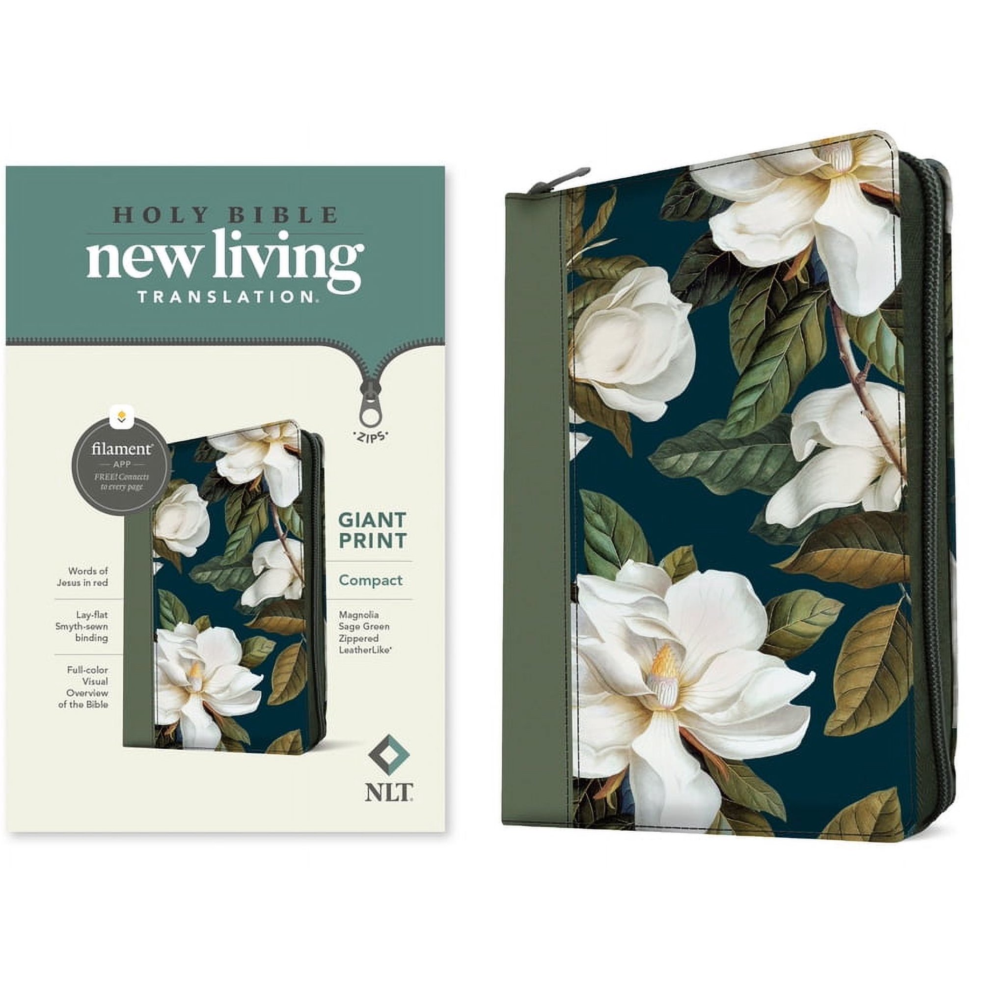 NLT Compact Giant Print Zipper Bible, Filament Enabled (Leatherlike, Magnolia Sage Green, Red Letter), (Hardcover)