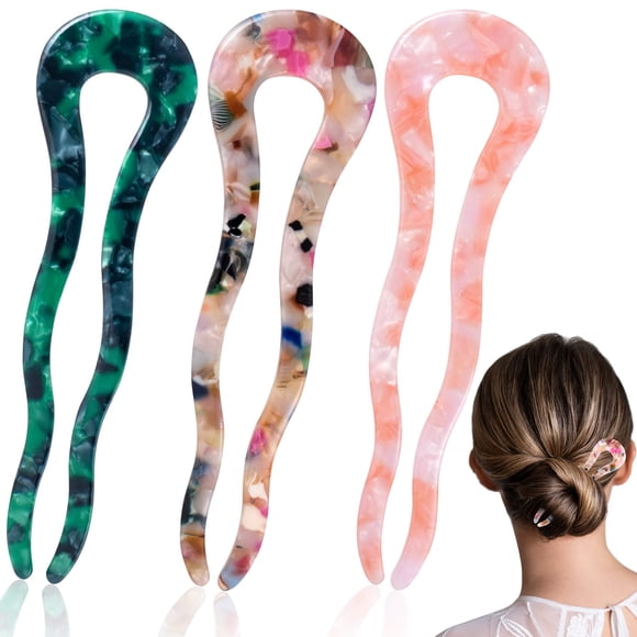 OIIKI 3 horquillas francesas en forma de U para moños, pelo largo y grueso de 4,5 pulgadas, horquillas francesas onduladas grandes, concha de tortuga, 2 puntas, horquillas en forma de U, accesorios pa
