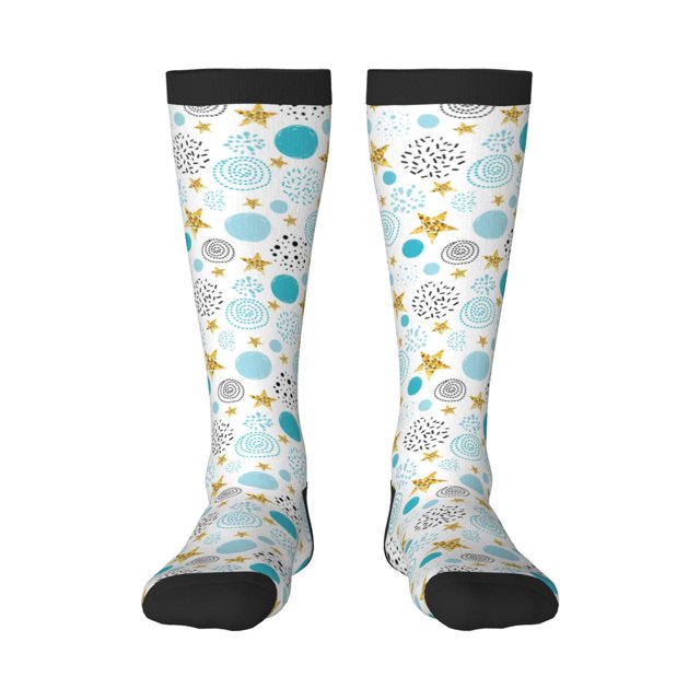 Xecao Gold Stars Blue Dots Pattern Pattern Adult Stockings with Color-Block Design and 3D Print, Breathable Comfortable Hosiery for Daily Wear and Sports