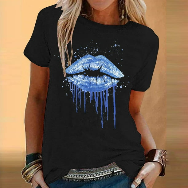 Fiudx Ropa de Mujer Blusa de Manga Corta con Cuello Redondo y Estampado a La Moda para Mujer