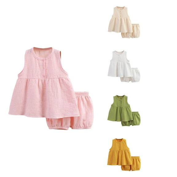 Ahuyic Boys Girls 2 Piece Outfits, Casual Outfit Sets for Toddler ,Summer Boys And Girls Casual Solid Color Outfits Short Sleeve Round-Neck Blouses Shorts Sets,Beige,110