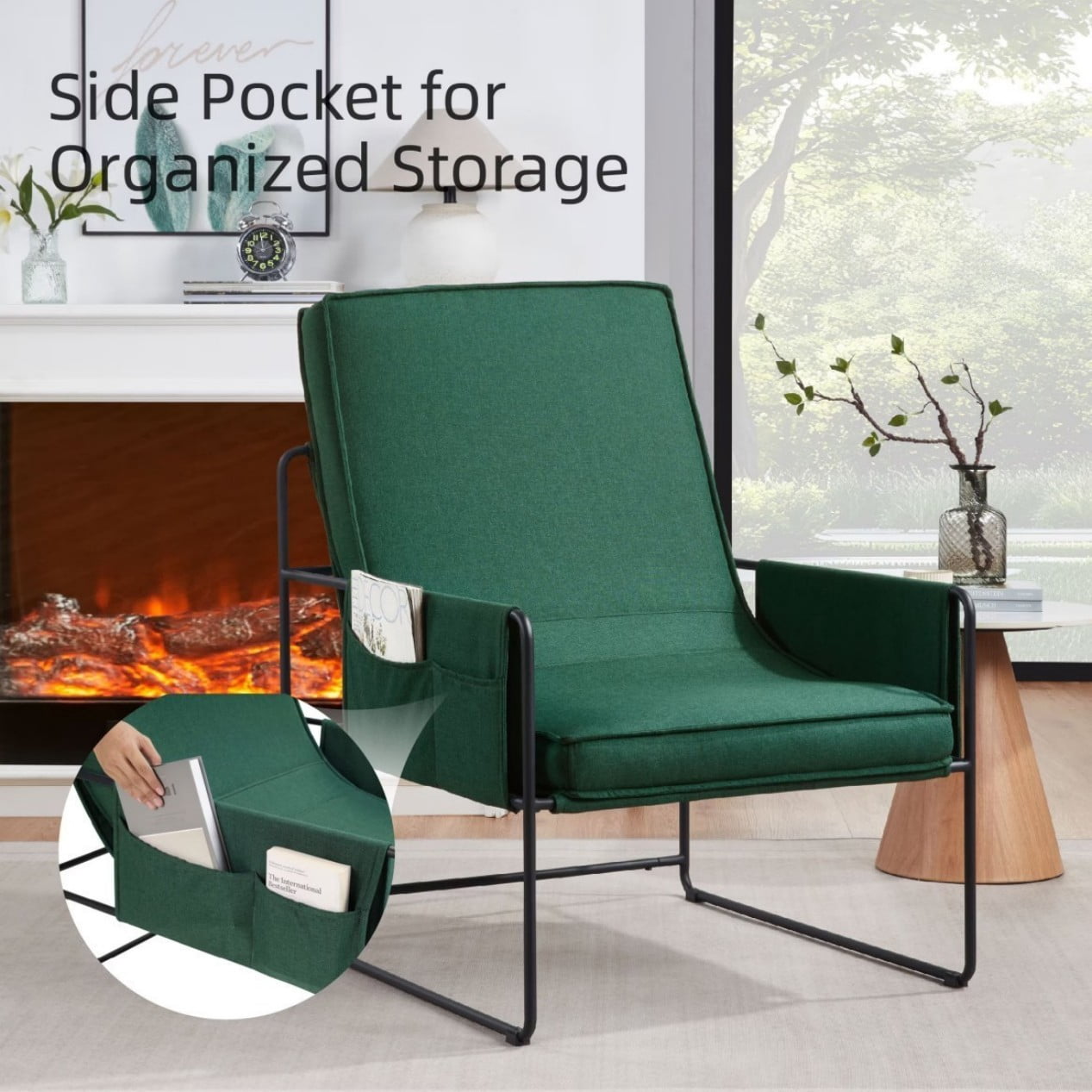Sling Accent Chair, Comfy Arm Chair with Removable Cushion and Side Storage Pocket, Modern Vanity Chair for Living Room, Bedroom, Home Office, Green