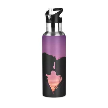 

600/1000ML Stainless Steel Sport Water Bottle with Straw Lid Leak Proof Vacuum Insulated Mug for Outdoor Activities Cycling Running & Walking A Silhouette Of Two Lovers