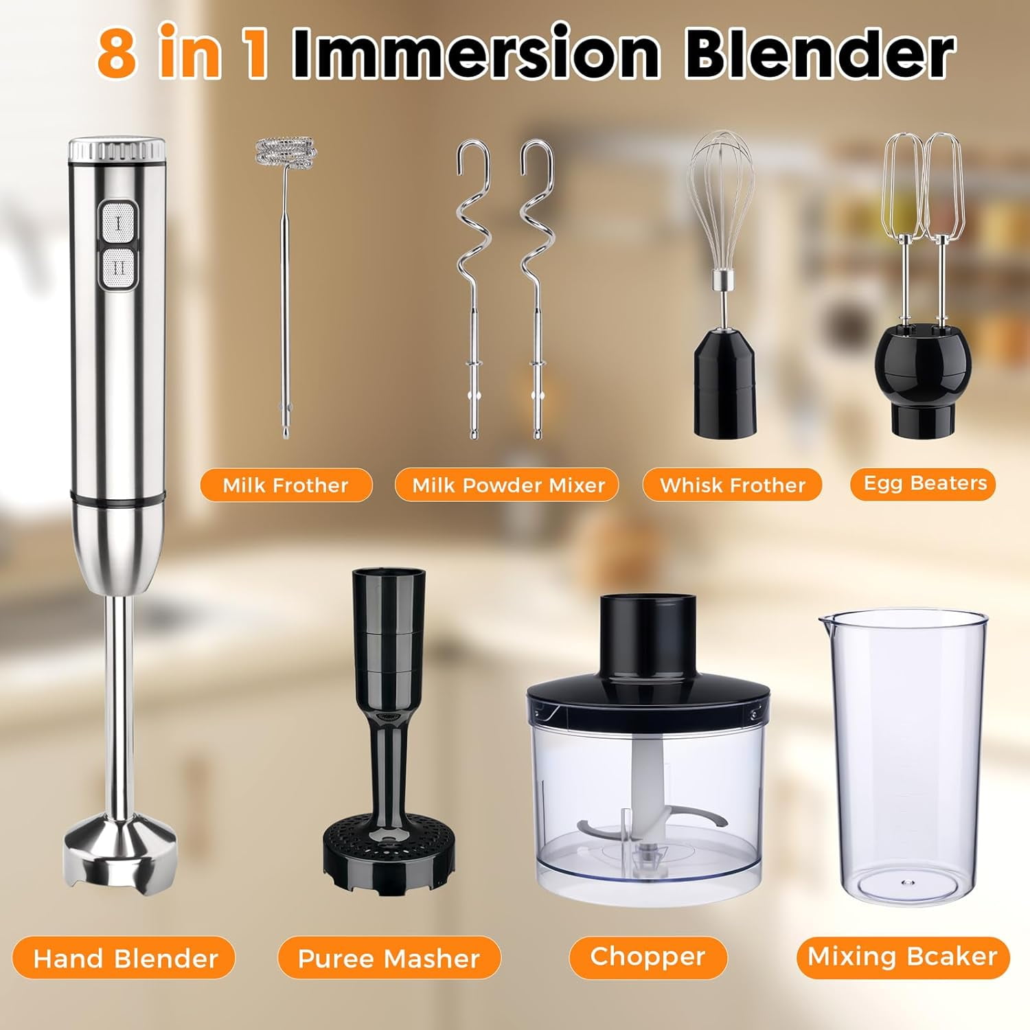 Immersion Hand Blender 8-in-1 with 25 Speeds, 1000W Motor, Stainless Steel Blades for Smoothies, Soups, and More