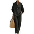 thumbnail image 6 of Breezora Women's Summer Casual Knit 2 Piece Outfit Batwing Sleeve Stand Collar Blouse Wide Leg Pants Loose Fit Set, 6 of 7
