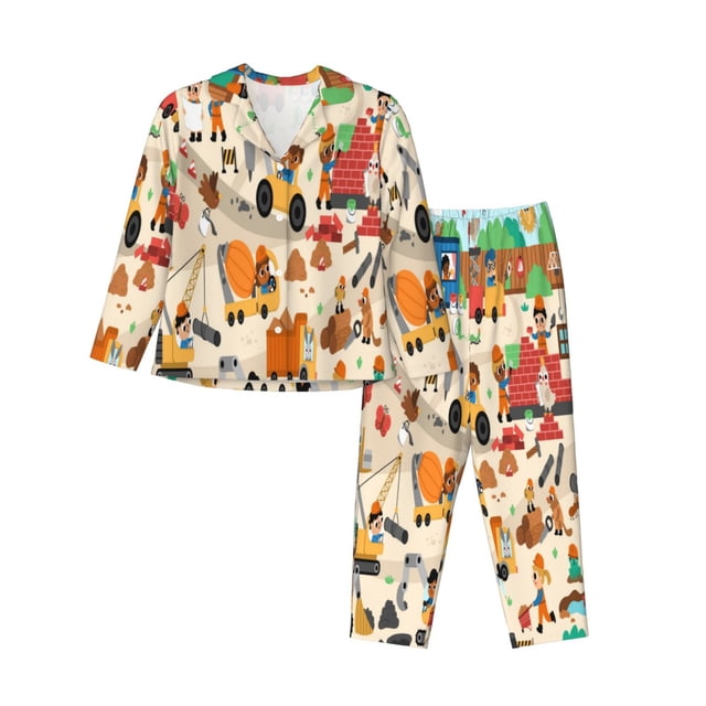 Balery construction road work landscape Conjunto de Pijama con Estampado para Mujer, Conjunto de Dos Piezas con Manga Larga, Ropa de Dormir Suave con Bolsillos, Pijamas Cómodos-X-Large