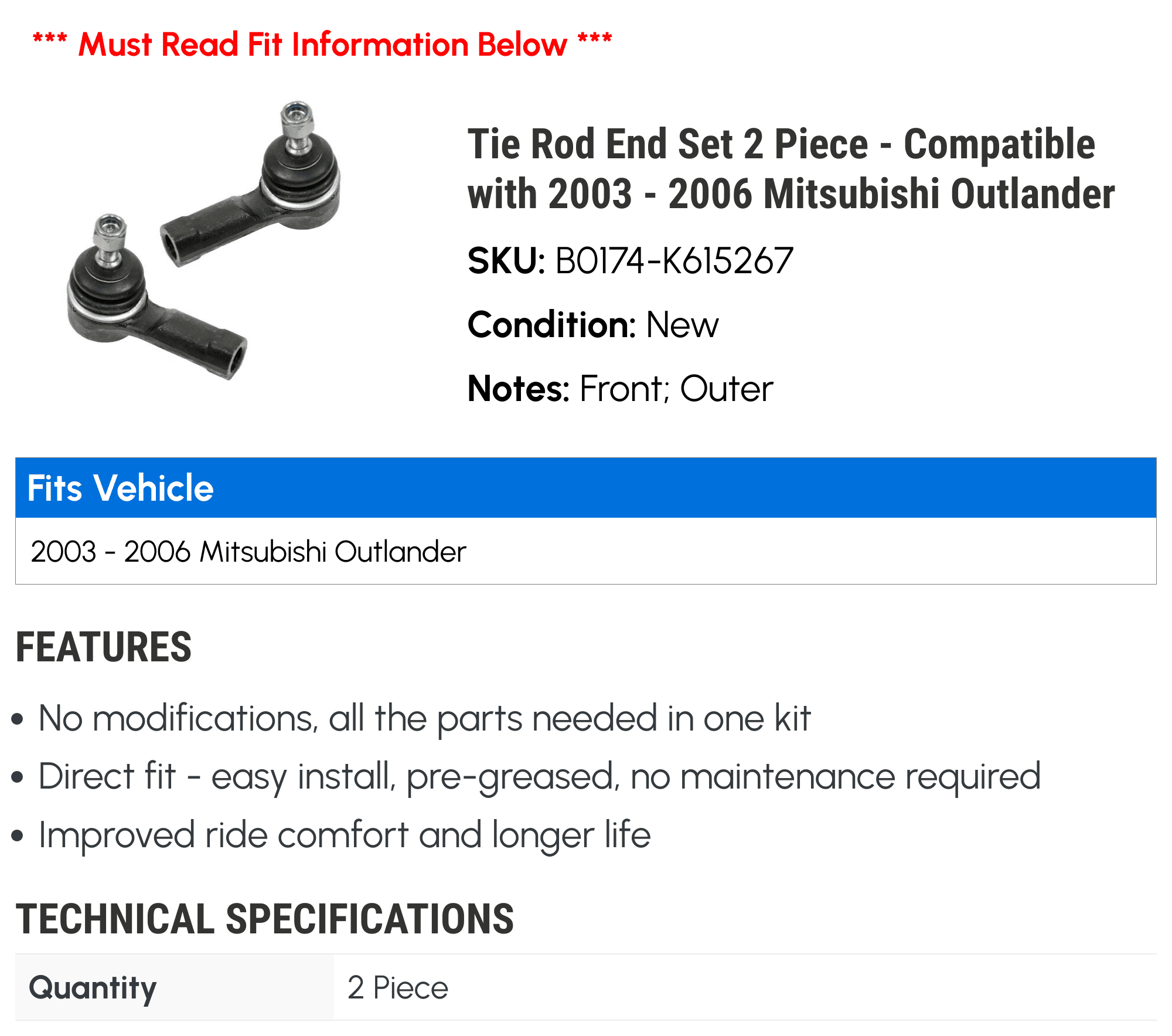 Tie Rod End Set 2 Piece - Compatible with 2003 - 2006 Mitsubishi Outlander 2004 2005