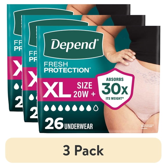 (3 pack) Depend Fresh Protection Incontinence Underwear for Women, Adult Diapers, XL, 26 Count