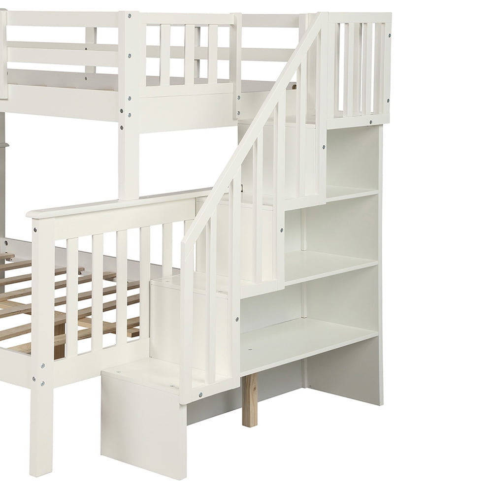 Private Jungle Solid Wood Twin-Over-Full Stairway Bunk Bed with Drawers/Storage/Trundle and Guard Rail for Bedroom and Dorm,White