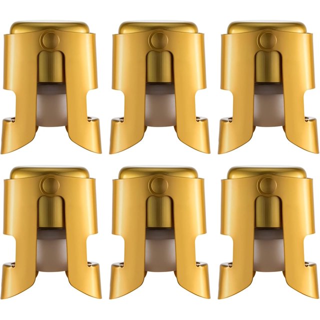 OUWO Champagne Sealer Stopper 6 Pack Stainless Steel Sparkling Wine Bottle Stoppers,Leak-Proof Bubble Retaining Saver,Suitable for Champagne Prosecco Cava and Sparkling (Gold)