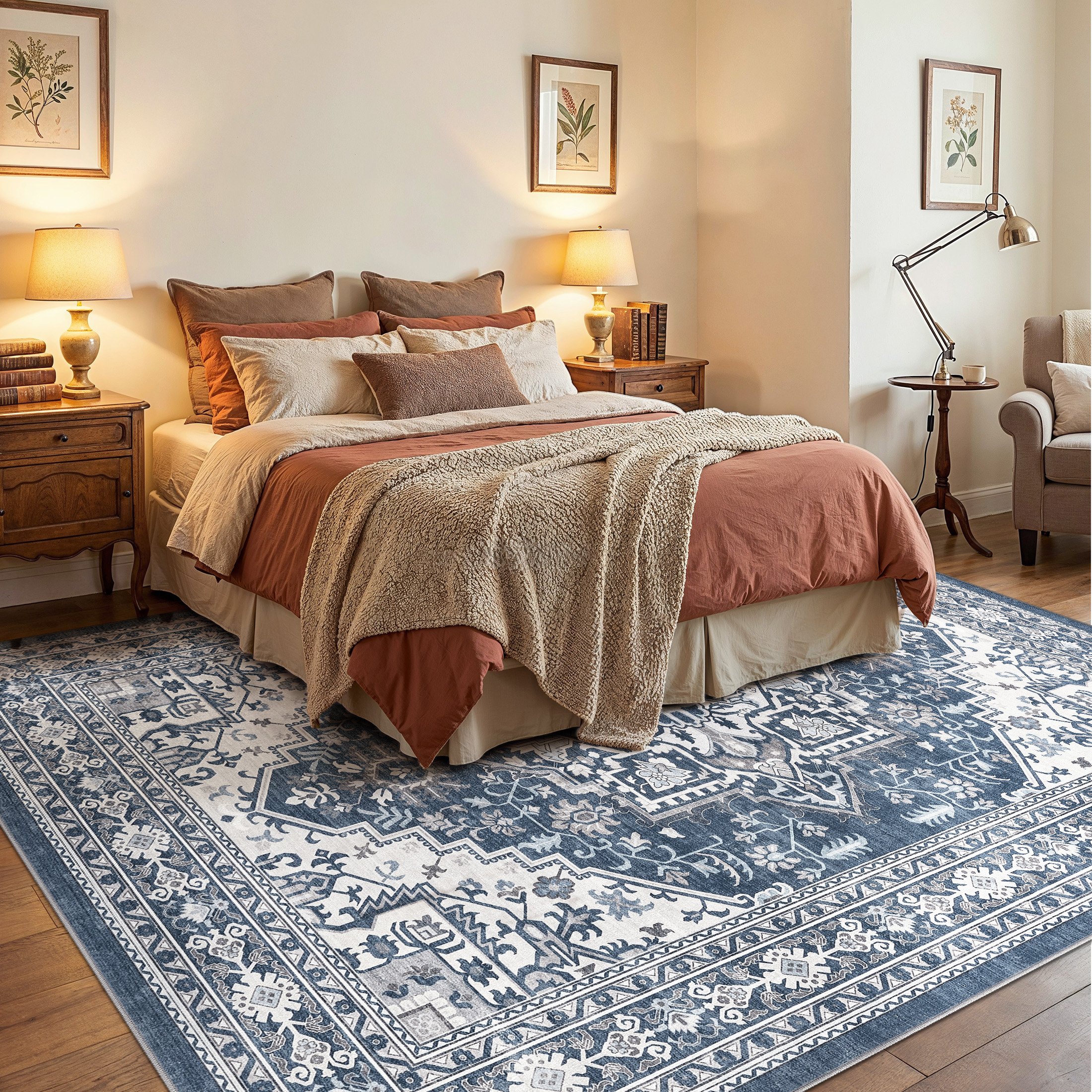 UERMEI 8x10 Washable Area Rugs for Living Room, Modern Vintage Printed Rug, Vacuum-Friendly, Non Slip Indoor Rug for Bedroom Dining Room Home Decor Carpet, Blue