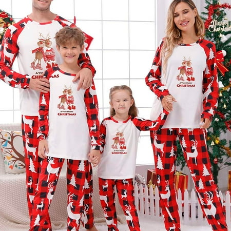 

YYDGH Plaid Family Christmas Pjs Matching Sets Reindeer and Letter Patterned Sleepwear Xmas PJS Set for Couples and Kids Baby