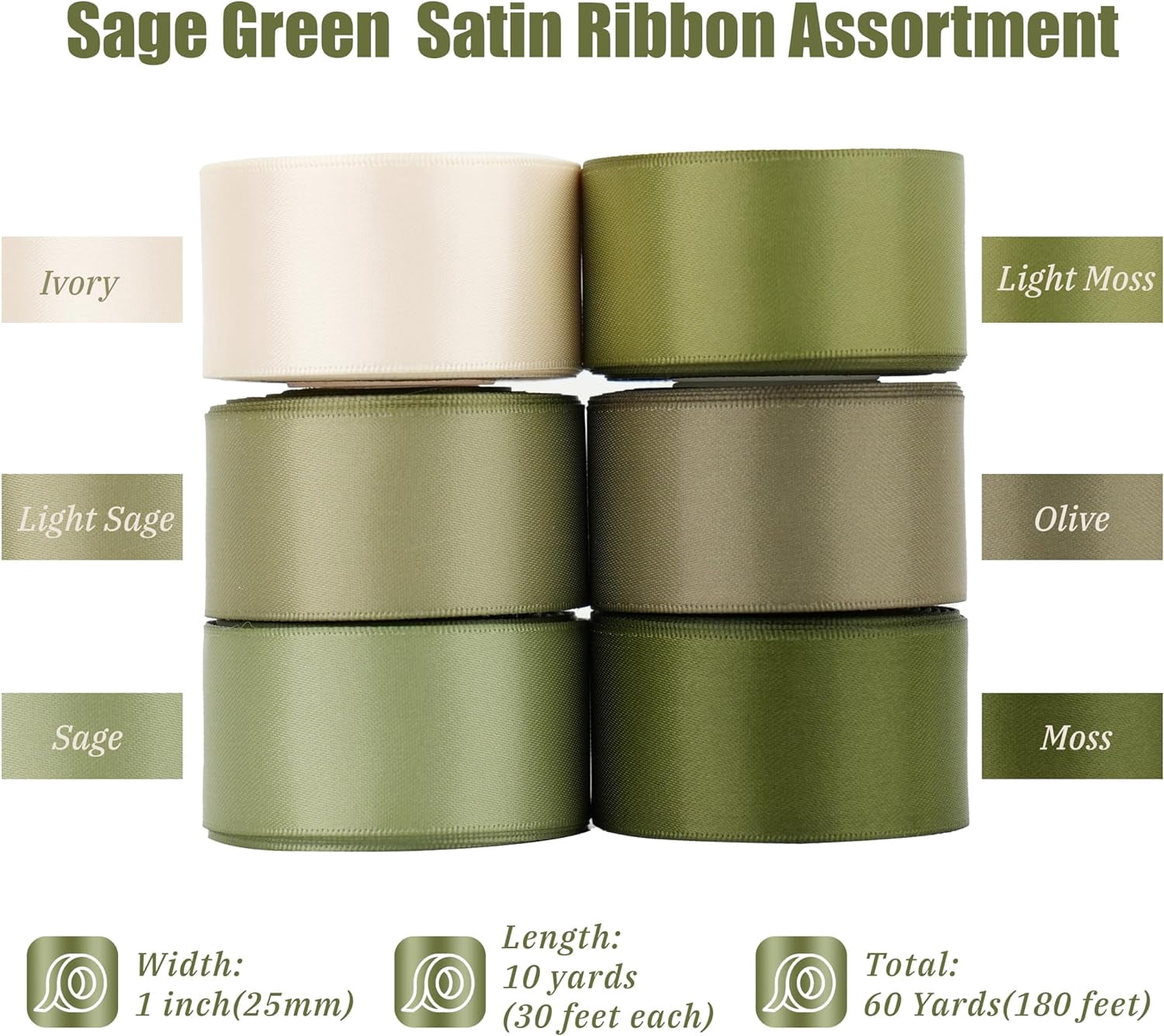 Sage Green Ribbon 1 Inch Double Face Satin Ribbon, 6 Rolls 60 Yards Moss Green Polyester Ribbon for Wedding, Baby Shower, Gift Wrapping, Hair Bows, Bouquets, Crafts