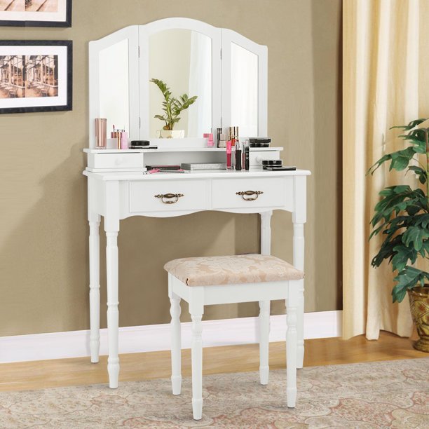 Costway White Tri Folding Vanity Makeup Table Stool W 4 Drawers Walmart Com Walmart Com