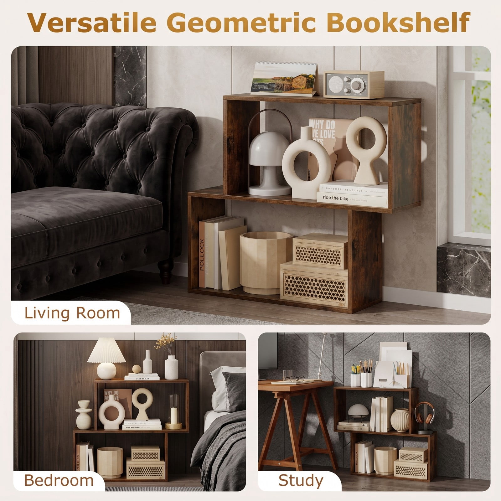 Furnibear 3-Tier Geometric Bookshelf, Freestanding Wooden Bookcase with 2 Cubic Compartments, Open Display Storage Shelf for Home Office Living Room, Rustic Brown