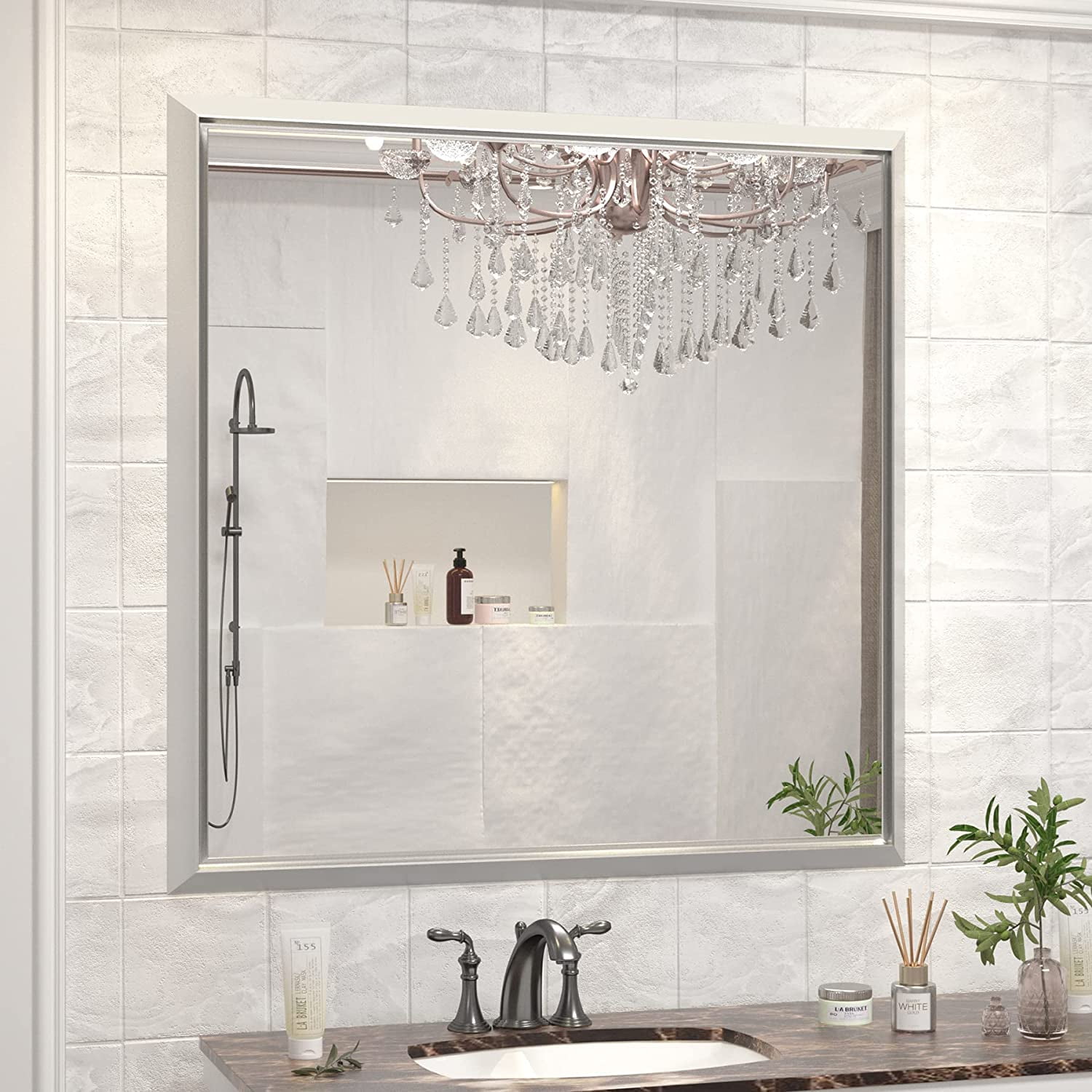 36x36 Inch Bathroom Mirror for Wall, Brushed Silver Bathroom Vanity
