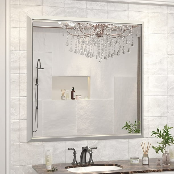 36x36 Inch Bathroom Mirror for Wall, Brushed Silver Bathroom Vanity