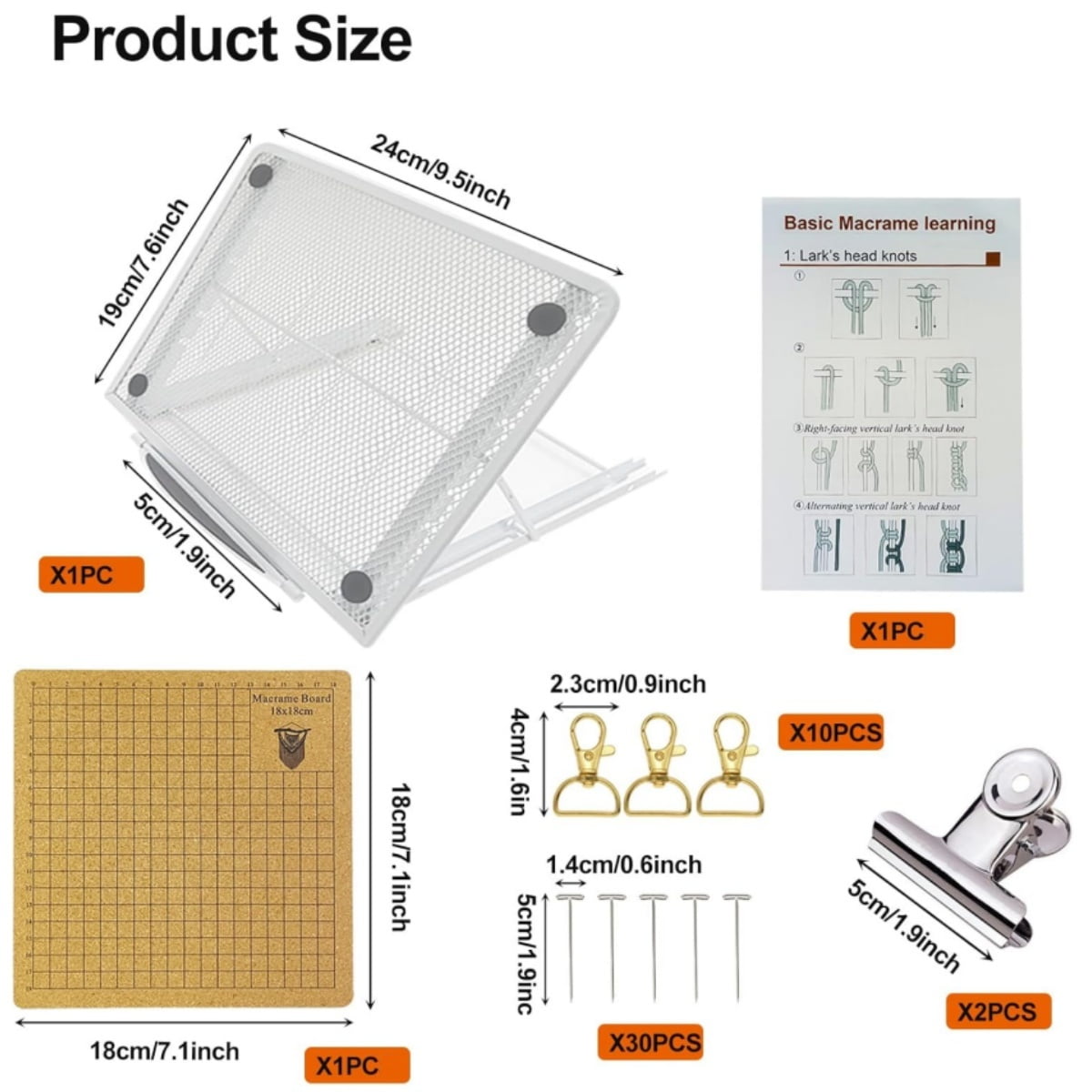 44 Pcs Macrame Board Set, Kvago Metal Adjustable Holder with 30 T Shaped Pins, Double Sided Gridss, Macrame Tools and Supplies for Bracelet Creating, Knotting Creations (7x7 inch)