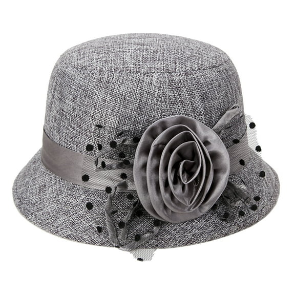 Women Bowler Hat, Polka Dot Mesh Flower Bucket Hat, Fascinator Lady Beach Sun Cap