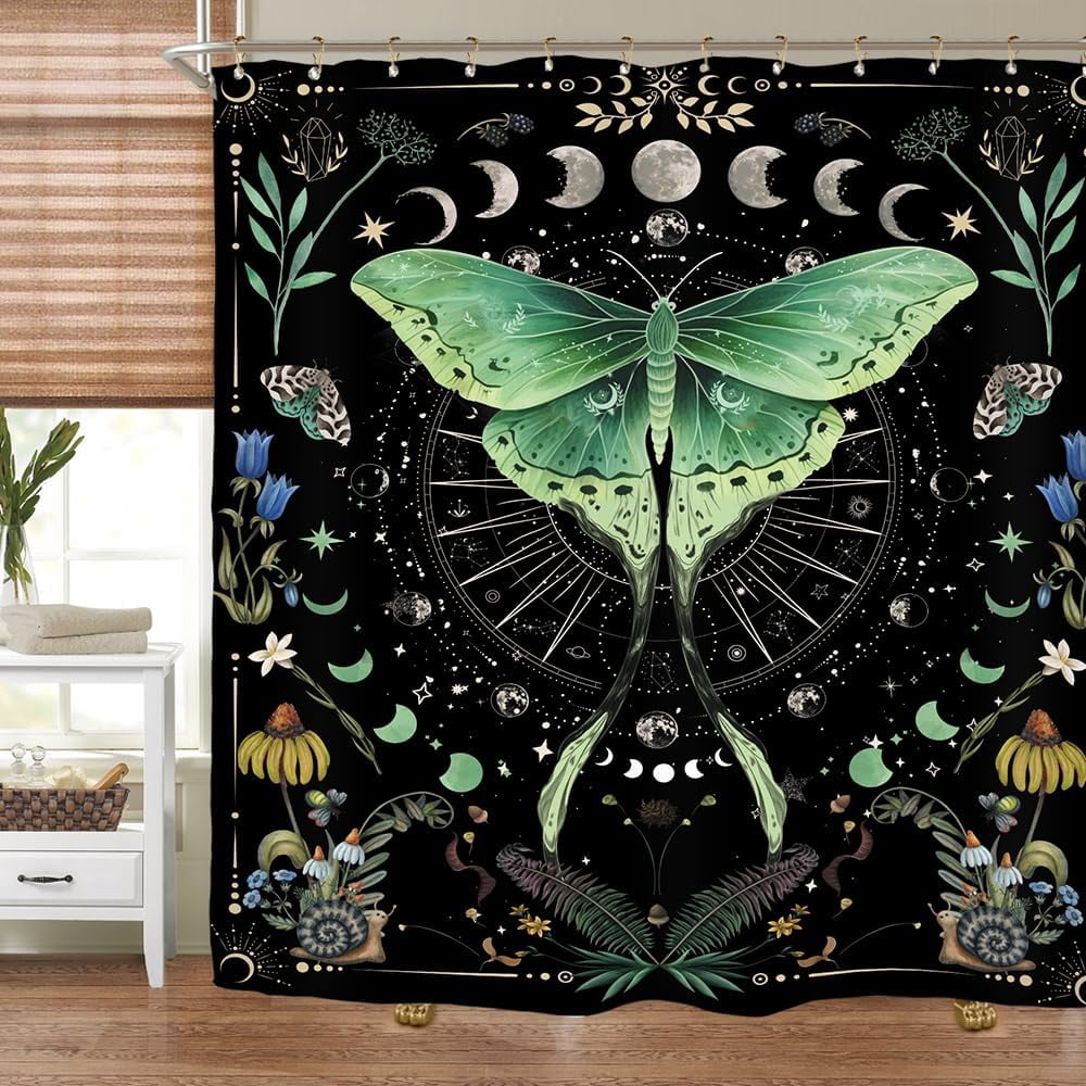 Moth Witchy Gothic Shower Curtain Set 71Wx71H Inches Moon Phase Teal Wildflower Plant Mysterious Night Moonlit Butterfly Botanical Tarot Polyester Bathroom Curtain with 12 Hooks