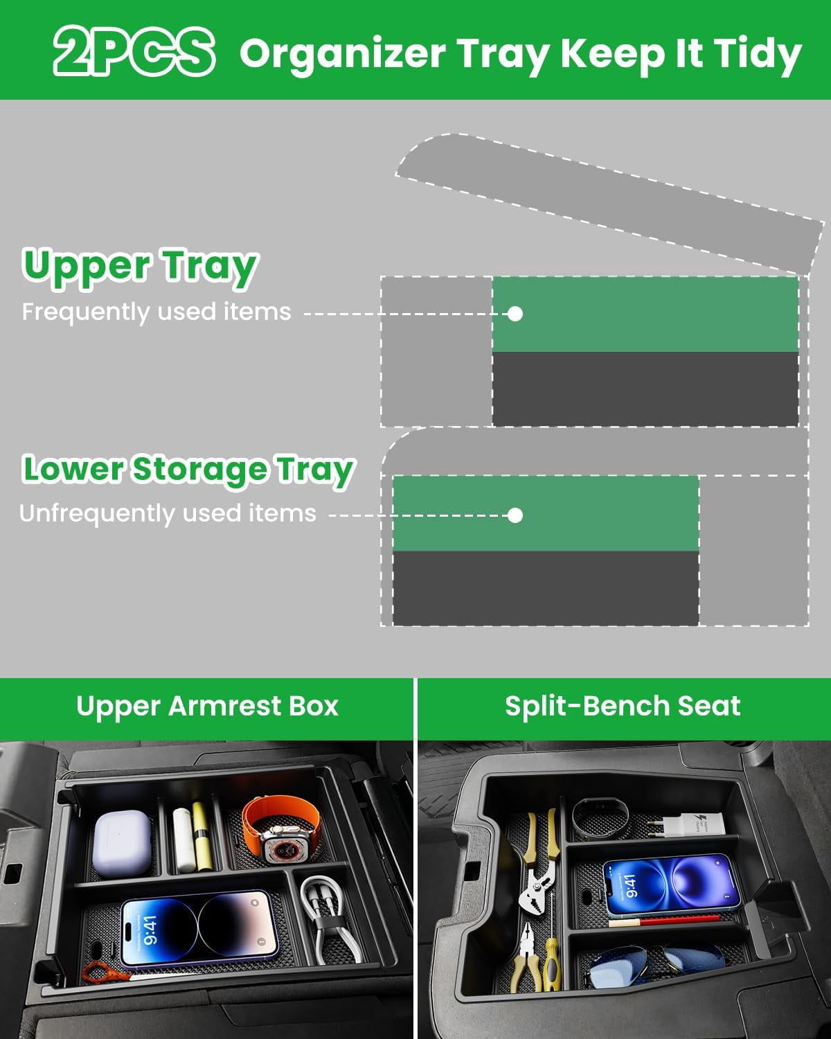 Center Console Organizer, 2PCS Storage Tray Compatible with 2019-2025 Chevy Silverado/GMC Sierra 1500 & 2020-2025 Silverado/Sierra 2500HD 3500HD (Split-Bench Folding Seat)-Black