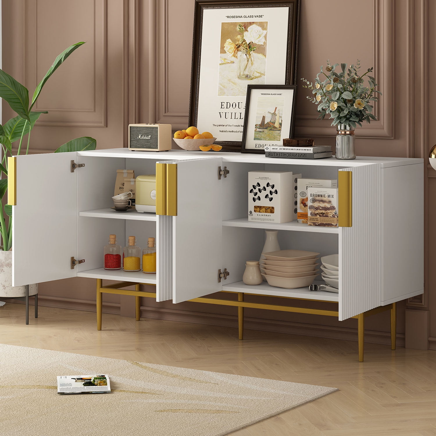 Kepooman 60" 4 Doors Buffet Cabinet, Storage Sideboard Buffet Cabinet with Gold Metal Handle for Living Room, White Kepooman 60" 4 Doors Buffet Cabinet, Storage Sideboard Buffet Cabinet with Gold Metal Handle for Living Room, White