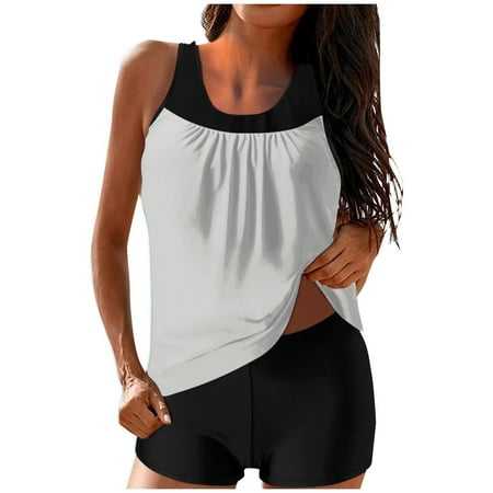 ZQGJB Tankini Swimsuits for Women Two Piece Bathing Suits Mesh Patchwork Blouson Tank Top with Boyshorts Tummy Control Modest Swimsuits(White L)