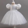 thumbnail image 2 of Birthday Party Dress for Girls, Short Sleeve Round-Neck Mesh Ruffled Lace Princess Skirt with Bow Detail, Size 100 cm, 2 of 6